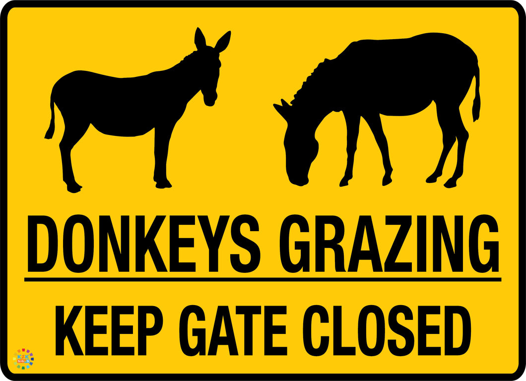 Donkeys Grazing Keep Gate Closed Sign