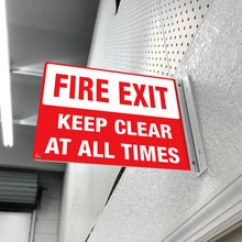 Load image into Gallery viewer, FIRE EXIT KEEP CLEAR AT ALL TIMES - DOUBLE SIDED OFF WALL SIGN