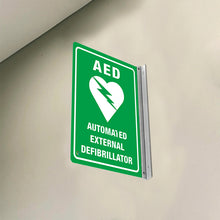 Load image into Gallery viewer, AED AUTOMATED EXTERNAL DEFIBRILLATOR - DOUBLE SIDED OFF WALL SIGN