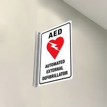 Load image into Gallery viewer, AED AUTOMATED EXTERNAL DEFIBRILLATOR (WHITE)  - DOUBLE SIDED OFF WALL SIGN