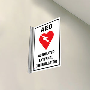 AED AUTOMATED EXTERNAL DEFIBRILLATOR (WHITE)  - DOUBLE SIDED OFF WALL SIGN