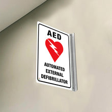 Load image into Gallery viewer, AED AUTOMATED EXTERNAL DEFIBRILLATOR (WHITE)  - DOUBLE SIDED OFF WALL SIGN