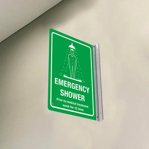 EMERGENCY SHOWER PRIOR TO MEDICAL TREATMENT WASH FOR 15 MINS - DOUBLE SIDED OFF WALL SIGN